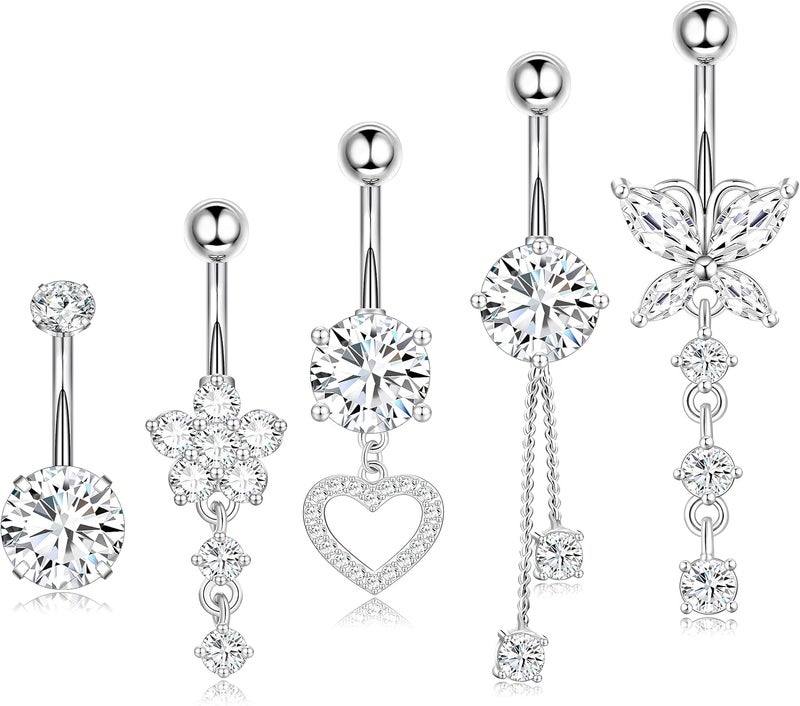 Leocuci Store Surgical Stainless Steel Dangle Belly Button Rings for Women Belly Ring Dangling Piercing Jewelry with Heart Flower Butterfly14G - Image 1